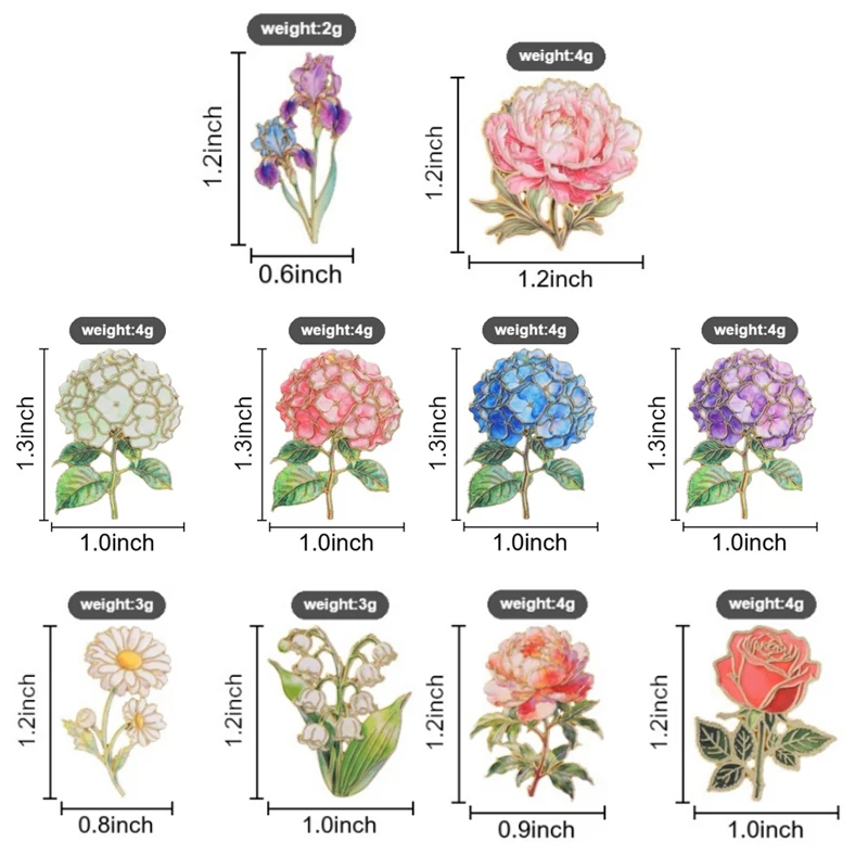 Vintage-Set mit Emaille-Abzeichen in Aquarellblumen-Optik, Rosen-, Pfingstrosen- und Hortensien-Motiv, botanische Anstecknadeln, goldfarbene Umrandung, Broschen, Schmuck, Geschenk für Damen. – Detail 1