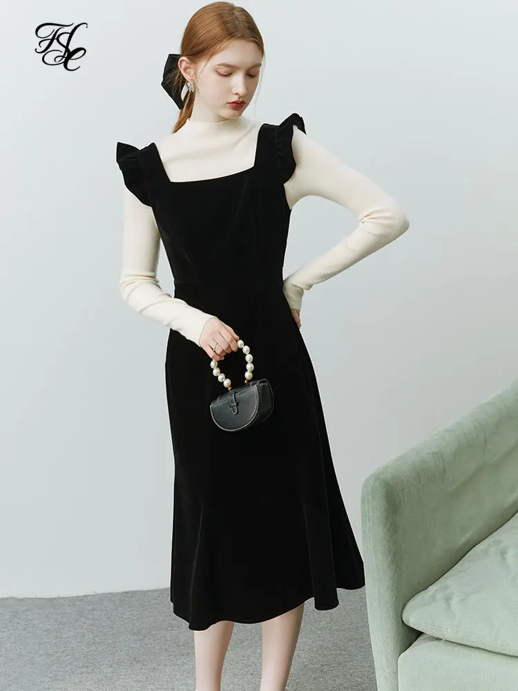 FSLE French Hepburn Style Velvet Suspender Dress Women Winter Fungus Edge Waist Fishtail Long Skirt Elegant Female Slim Dress