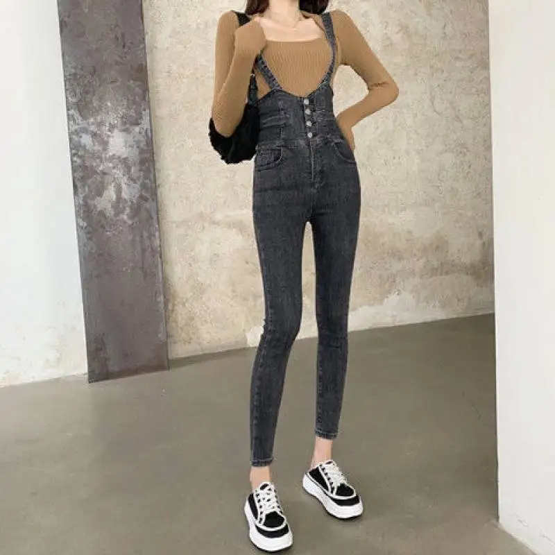 Cintura alta estiramento jeans magros macacão feminino primavera novo estilo coreano macacão reto