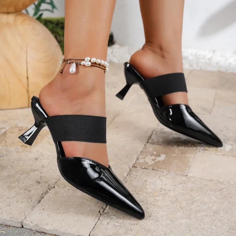 

2026Elegant Black High Heel Sandals for Women Pu Leather Thin Heels Dress Party Shoes Plus Size Elastic Band Pointed Toe Sandals