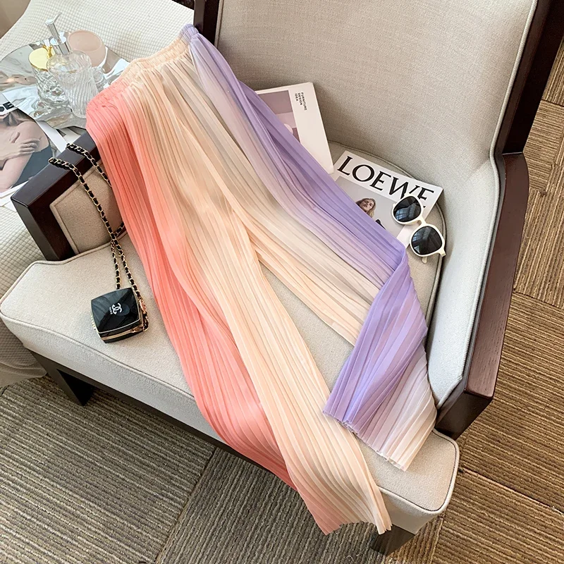 

Summer ice silk gradient women trousers pleated high waist thin drape pants lazy style tie-dye color sunscreen wide-leg pants