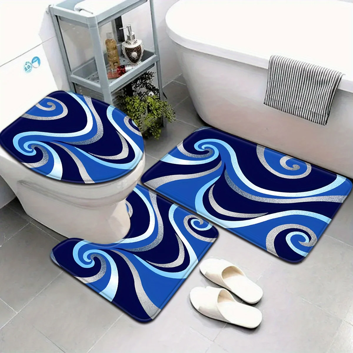 

3pcs Modern Blue Swirl Bathroom Rug Set, Non-Slip Woven Flannel Bath Mats, Toilet Lid Cover & U-Shaped Floor Pad