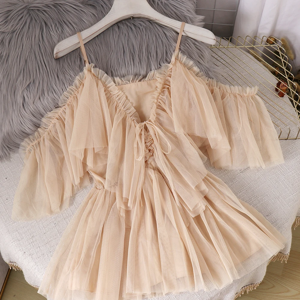 Fairy Net Yarn V-neck Strapless Lotus Swing Ruffles Shirts Lace Up Chiffon Blouses Mesh Pleated Gauze Off Shoulders Tops Blusas