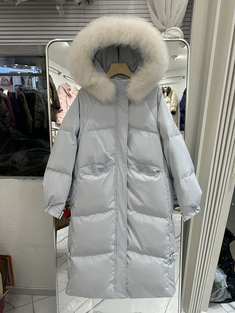 90% eendendons jas donsjack dames luxe bovenkleding lange puffer jas warme vrouwelijke pluizige parka's losse 2025, echte vossenbontkraag