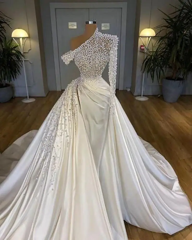 Customized One Shoulder Sheath Wedding Rhinestone Heavily Beaded Satin Custom Made Bridal Dress