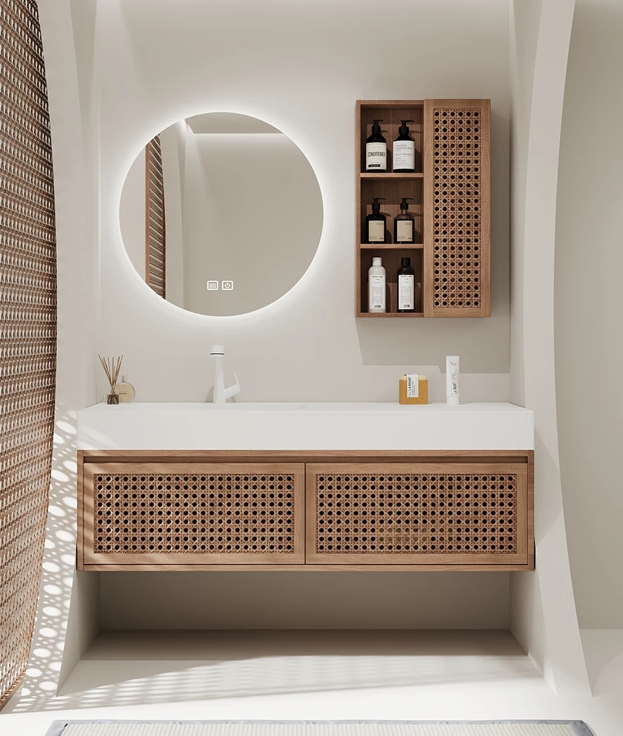 

Japanese-style log wind DuPont integrated basin rattan bathroom cabinet combination toilet rock slab hand washing basin