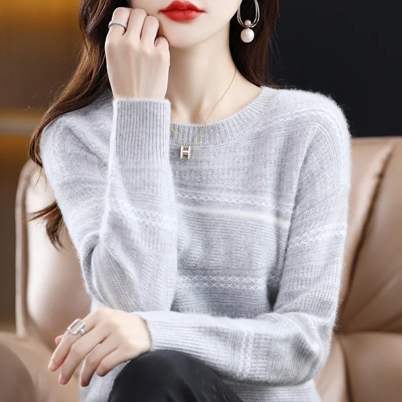 

Horizontal strip Fall/Winter new 100% Merino wool cashmere pullover Women's O-neck pullover warm bottom knit shirt top