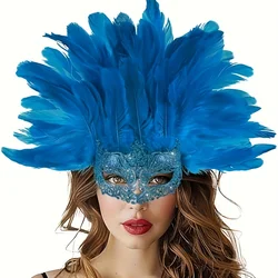 Carnival Masquerade Costume Accessory, Feathered Headpiece with Mask for Mardi Gras Christmas Party Props and Stage Costume