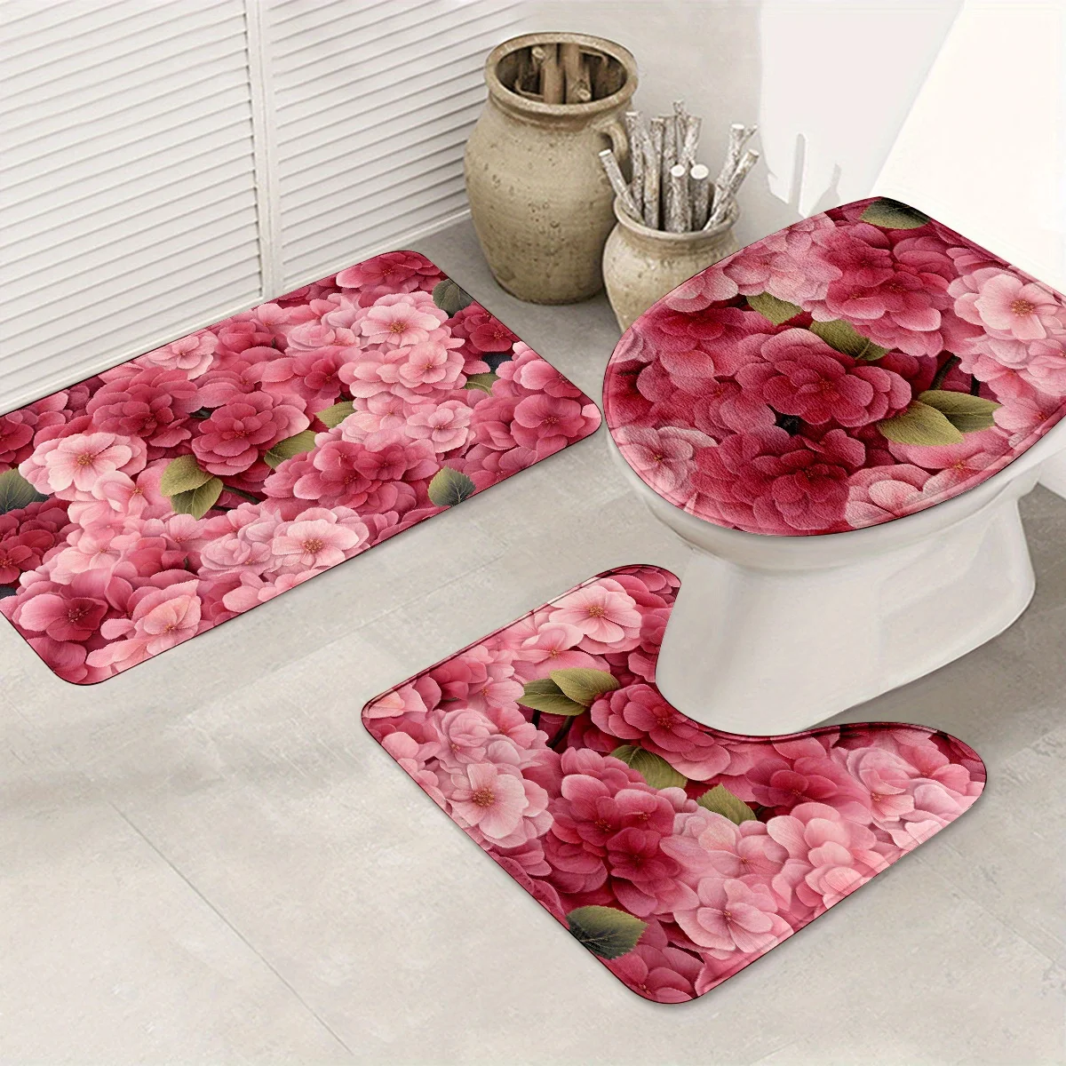 

3Floral Print 3 Piece Bath Mat Set Anti Slip Soft Absorbent Bathroom Floor Mats Toilet Seat Cover Rug Home Decor