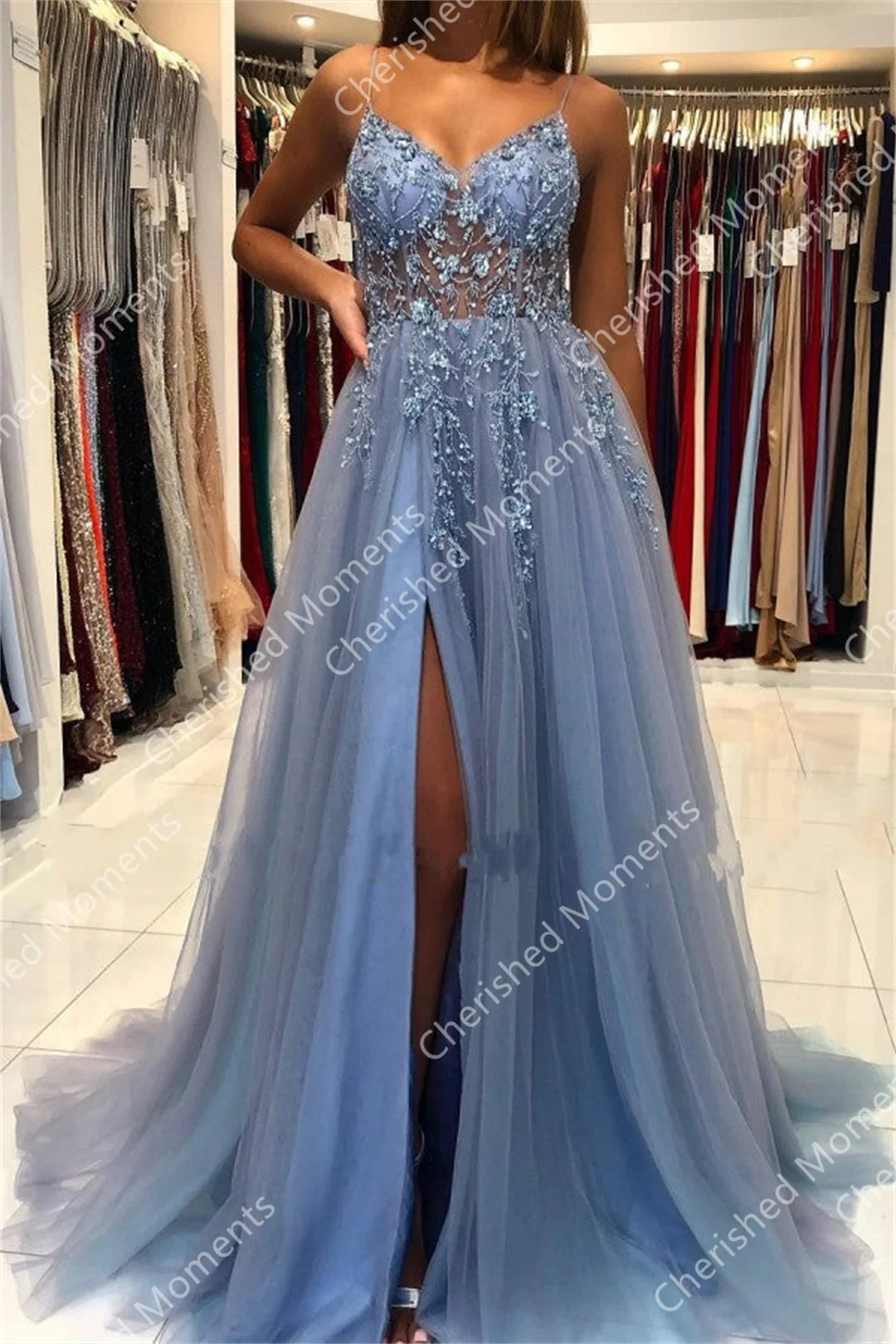 Spaghetti Front Split Tulle Pleated A-line Prom Dress with Crystal Detail Sweetheart Formal Evening Dresses Party Gown فساتين