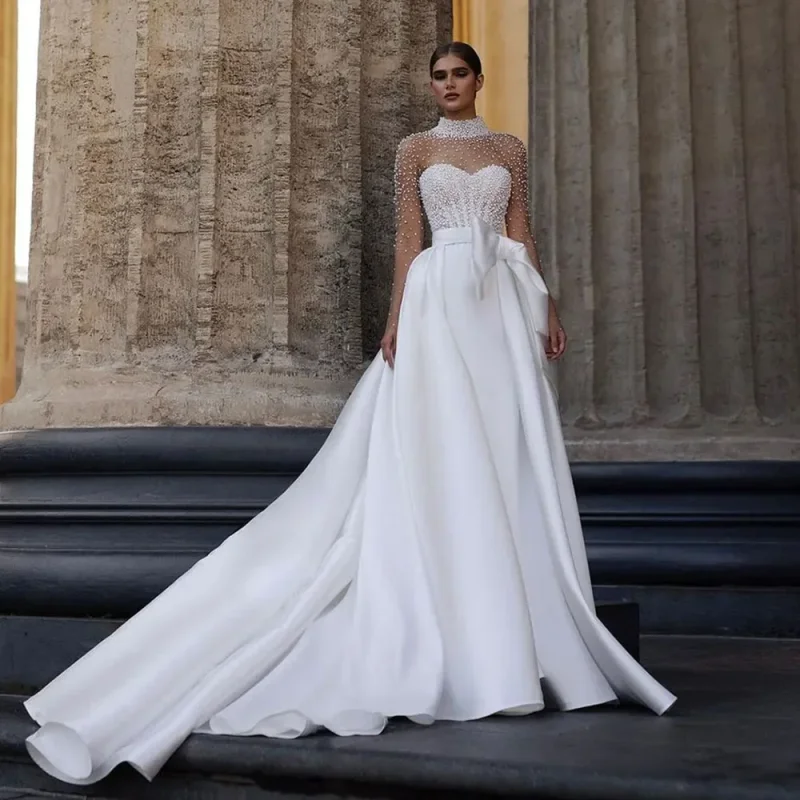 Personalizado novo luxo branco vestido de casamento de pescoço alto com cintura arco laço pérola manga longa princesa noiva vestido de noiva 2025