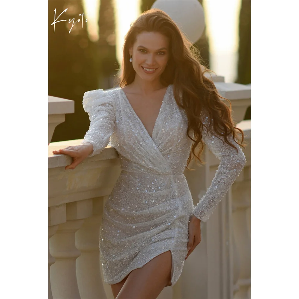 

Kyoto Customized Shiny Sequin Beaded Necklace Back Wedding DressV-neck Long Sleeve فستان زفافMini Sheath Abito da sposa
