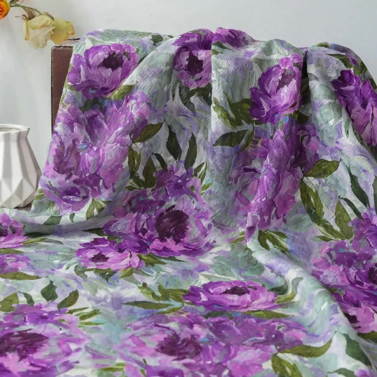 

New oil painting style purple floral jacquard fabric DIY fashion dress jacket curtain women's children's cloth