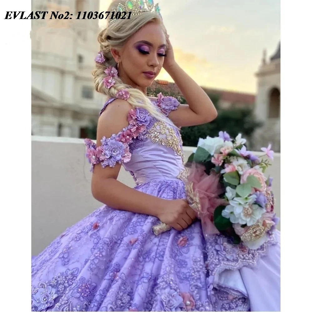 Evlast personalizado mexicano lilás quinceanera vestido de baile lantejoulas apliques florais miçangas doce 16 vestidos de 15 anos e2qa72