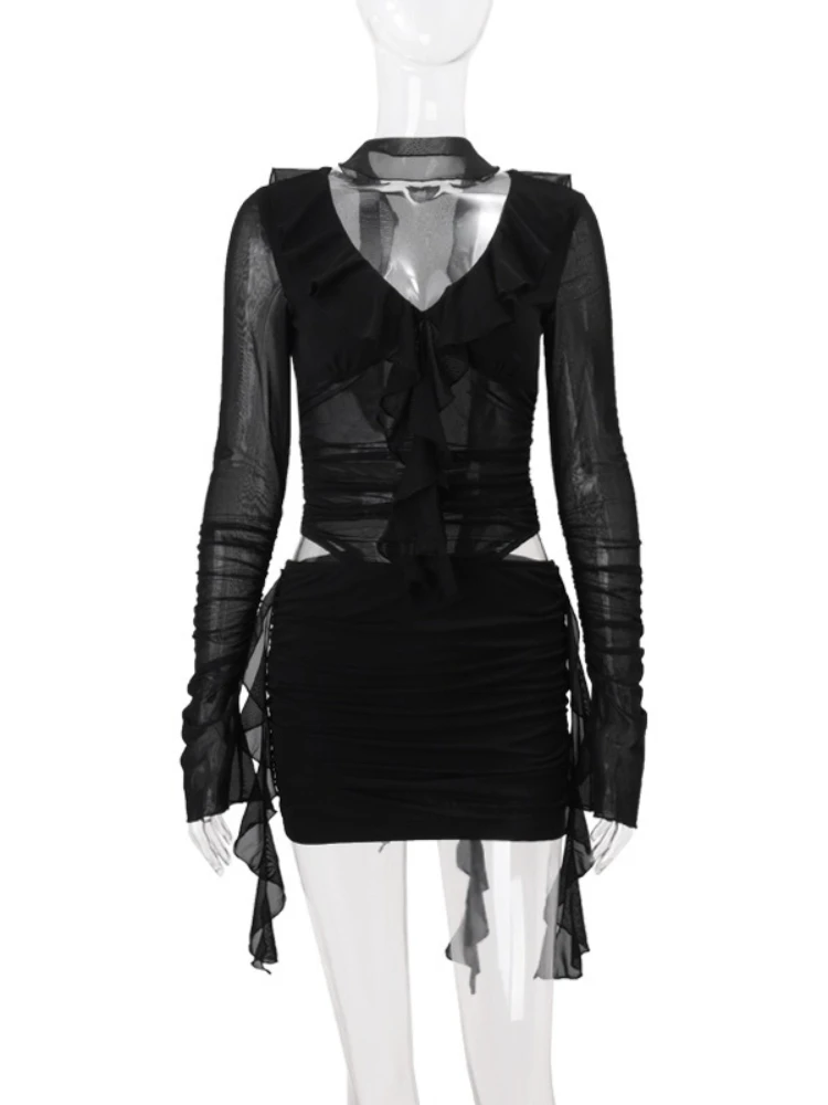 SsTss نساء موضة أسود فستان بكم طويل مثير كشكش تقليم انظر من خلال شبكة قطع الخصر أشرطة سليم فستان النادي الليلي الصغير