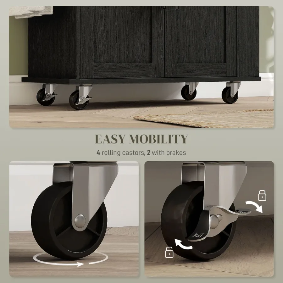 Kitchen Island with Storage Rolling Kitchen Cart with AC Outlets and USB Ports Microwave Stand with Towel and Spice Rack Black