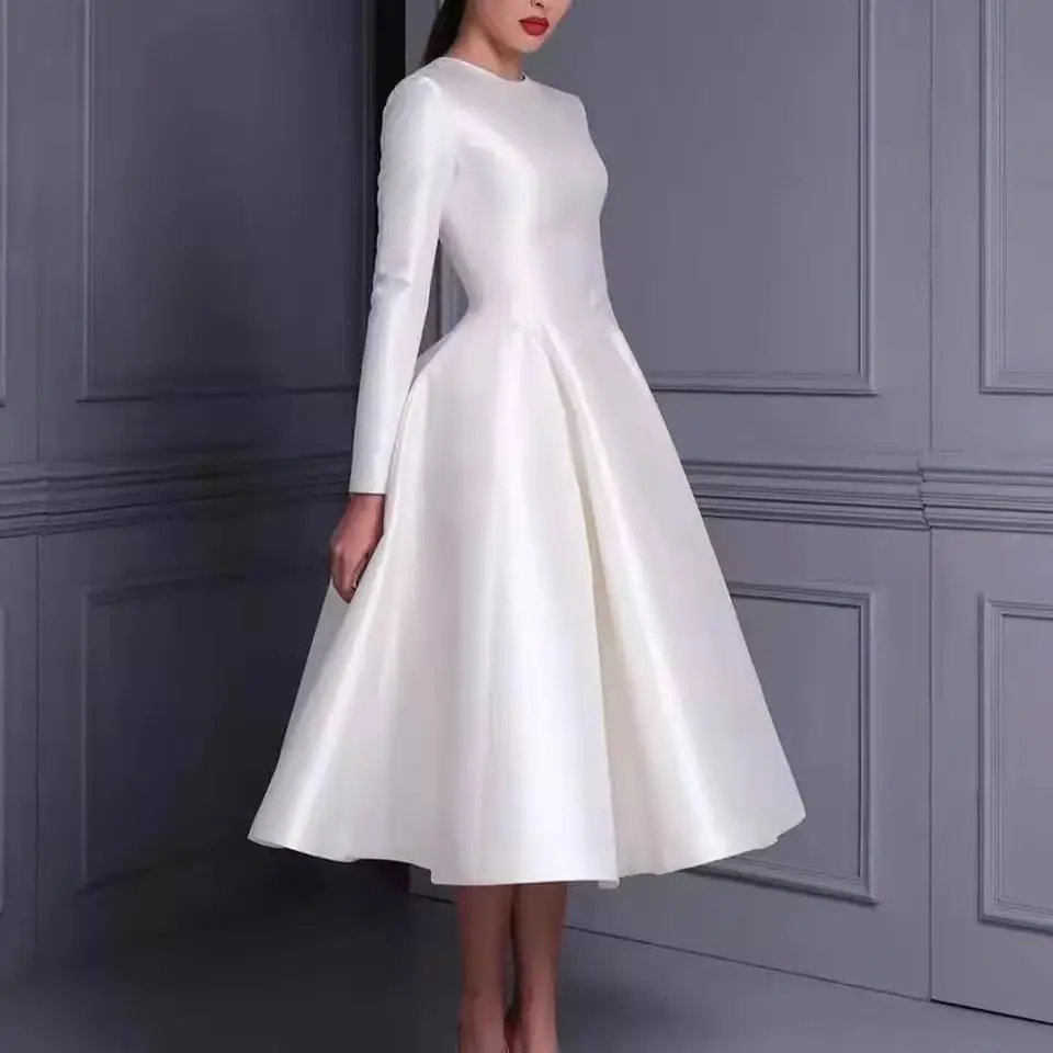 

Wedding Dresses Tea Length O-Neck Stain A-Line White Zipper Back Bridal Gowns for Women Real Photos Customized