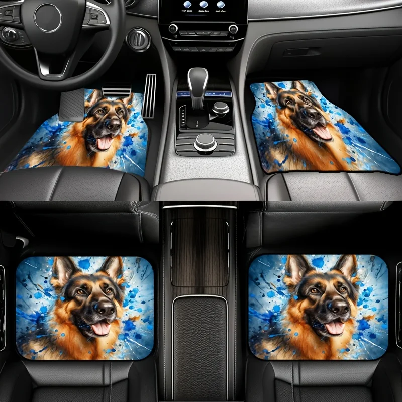 4pcs Artistic Ink Splatter Dog (German Shepherd) Theme Car Floor Mats Set, Universal Fit For Cars, Trucks & SUVs - Perfect Gift
