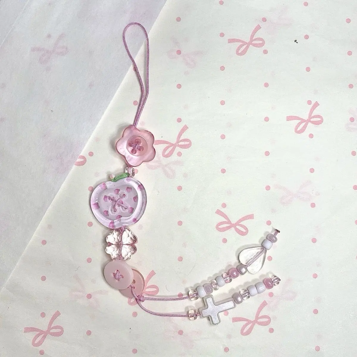 Pink Button Beaded Phone Charm Cute Handmade Aesthetic Y2K Style Lanyard Strap Keychain Pendant for Girls