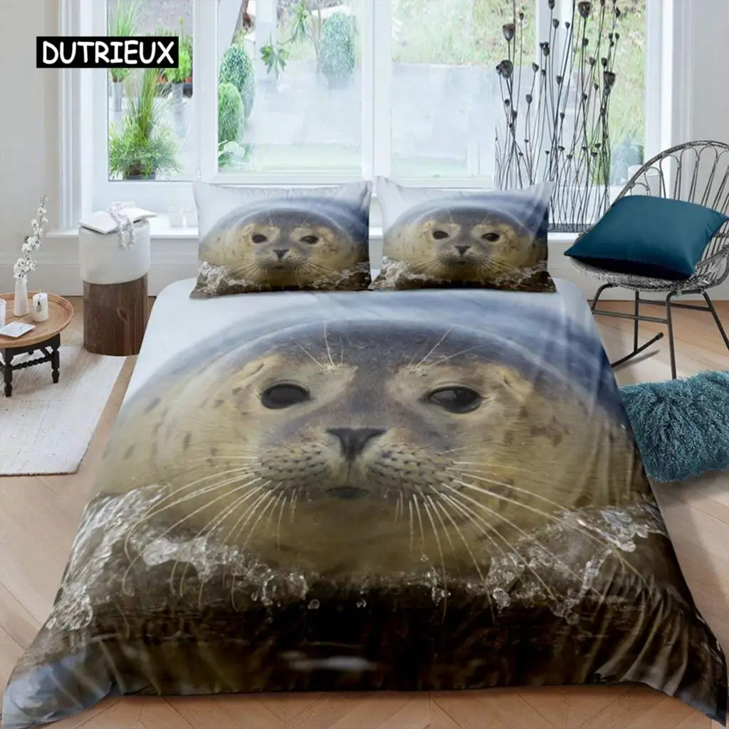 Seal Duvet Cover King Size Lovely Swimming Seal Bedding Set Cute Ocean Exotic Style 2/3pcs Marine Life Polyester Comforter Cover