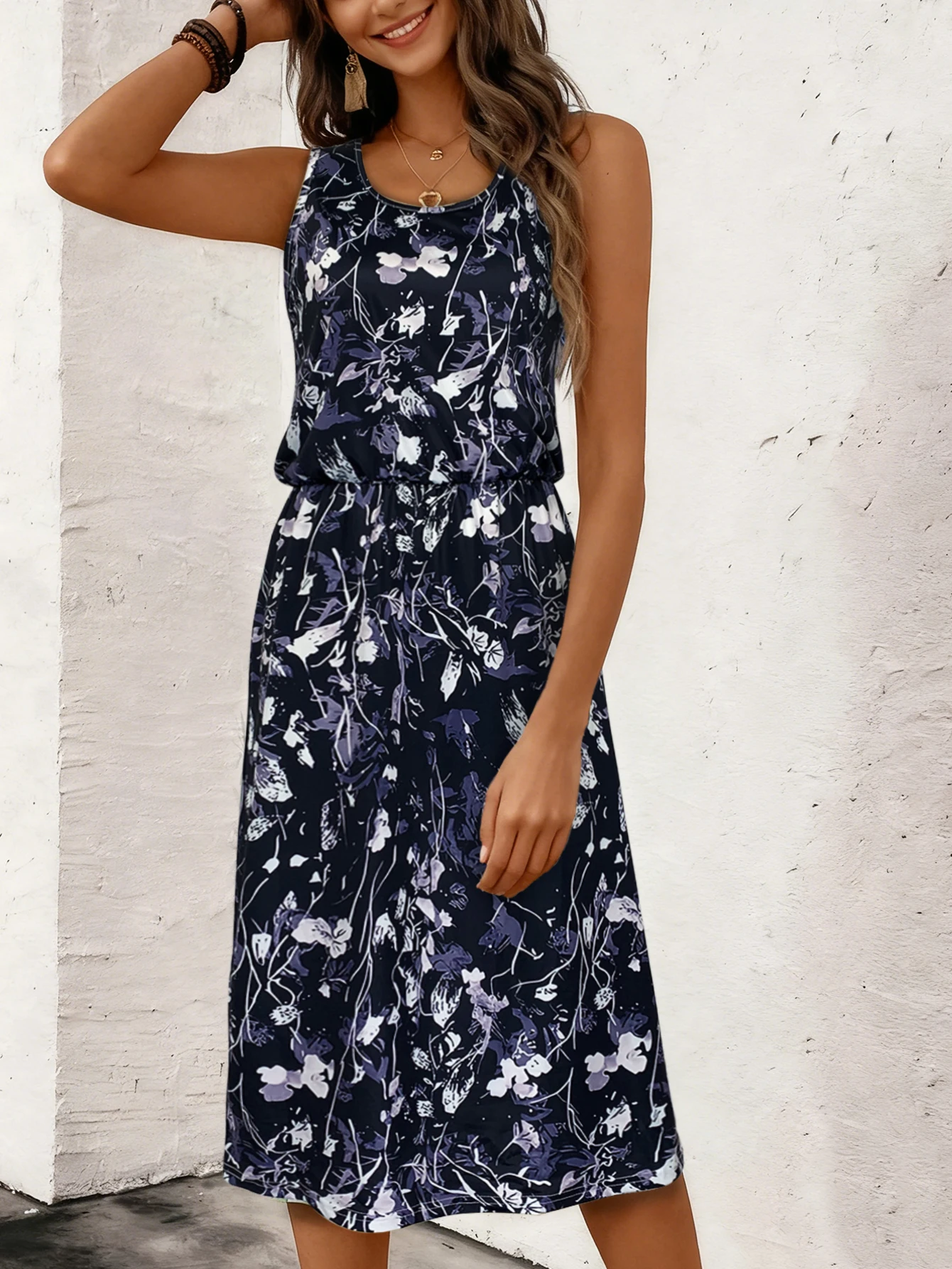 Marineblaues, ärmelloses Midikleid mit Blumendruck für Damen, sommerliches, lässiges Sommerkleid mit Rundhalsausschnitt und elastischer Taille