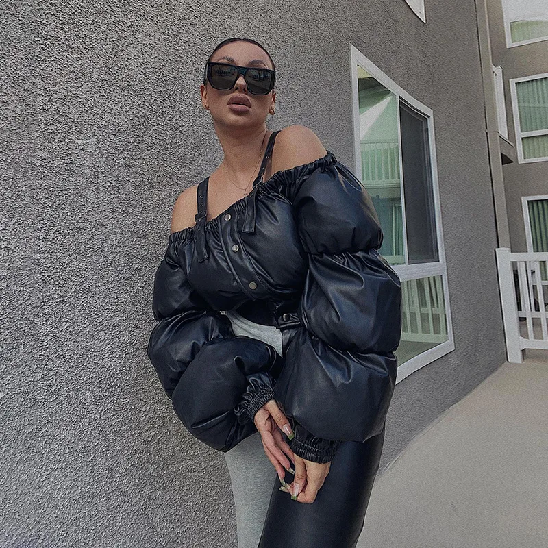 Bubble Fashion Puff Jackets Off Shoulder Tops Cropped Bomber Thick Warm Coats 2023 Women Clothes Y2K Streetwear Winter Jacket