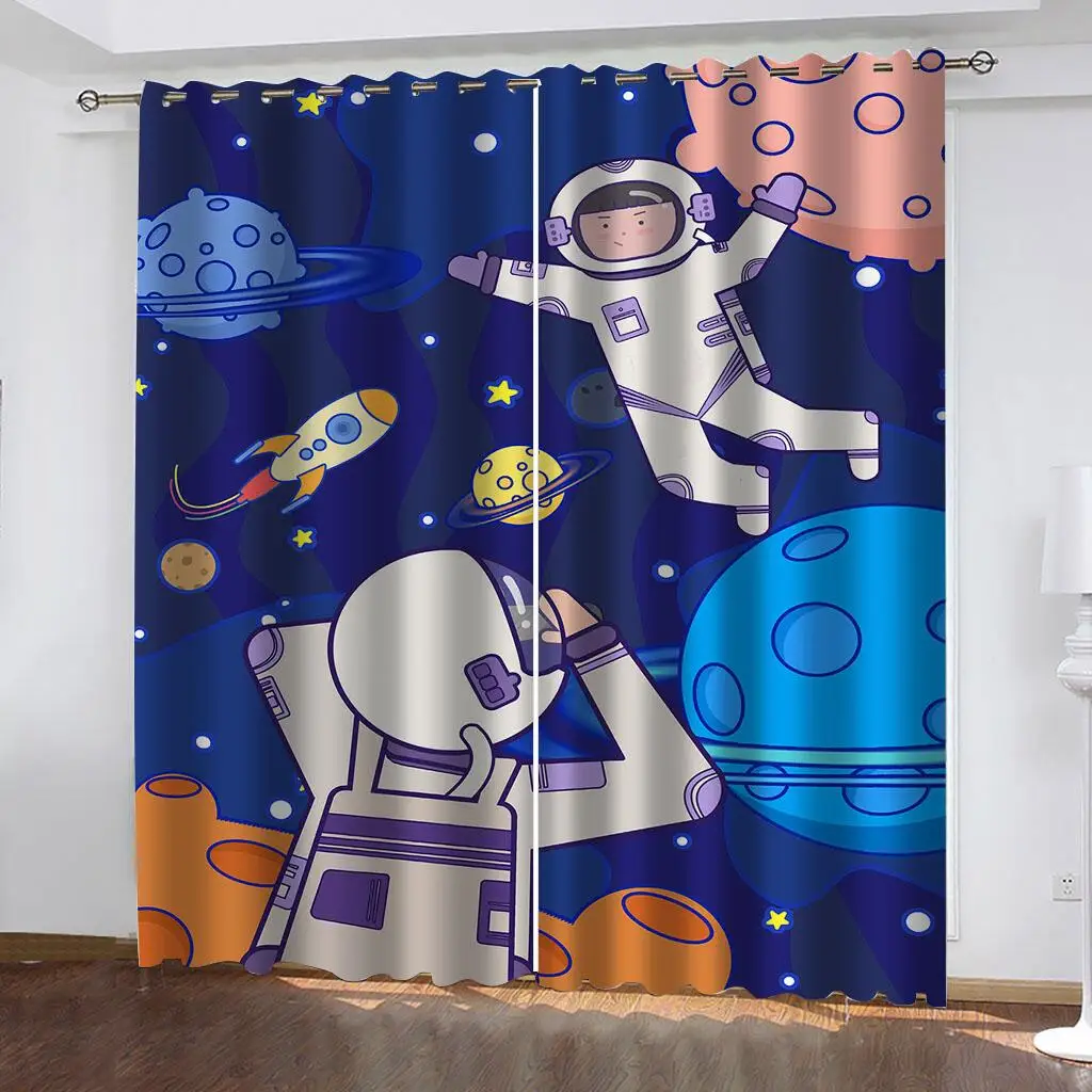 2Pcs Space Adventure Curtains Cartoon Astronaut Planet Pattern Kids Room Bedroom Living Room Decor Sun Shade Window Drapes