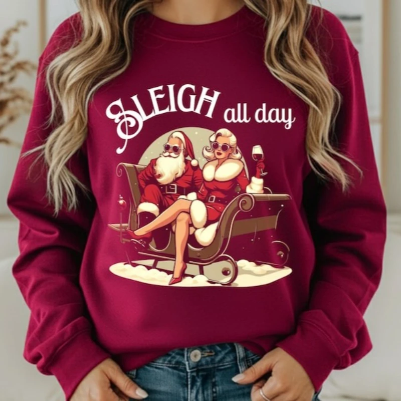 Sweter Retro z Nadrukiem Sanki na Cały Dzień, Świąteczny Sweter w Stylu Vintage, Damski Strój na Imprezę, Prezent dla Niej, Uroczy Nadruk Sanki, Miękki i Wygodny