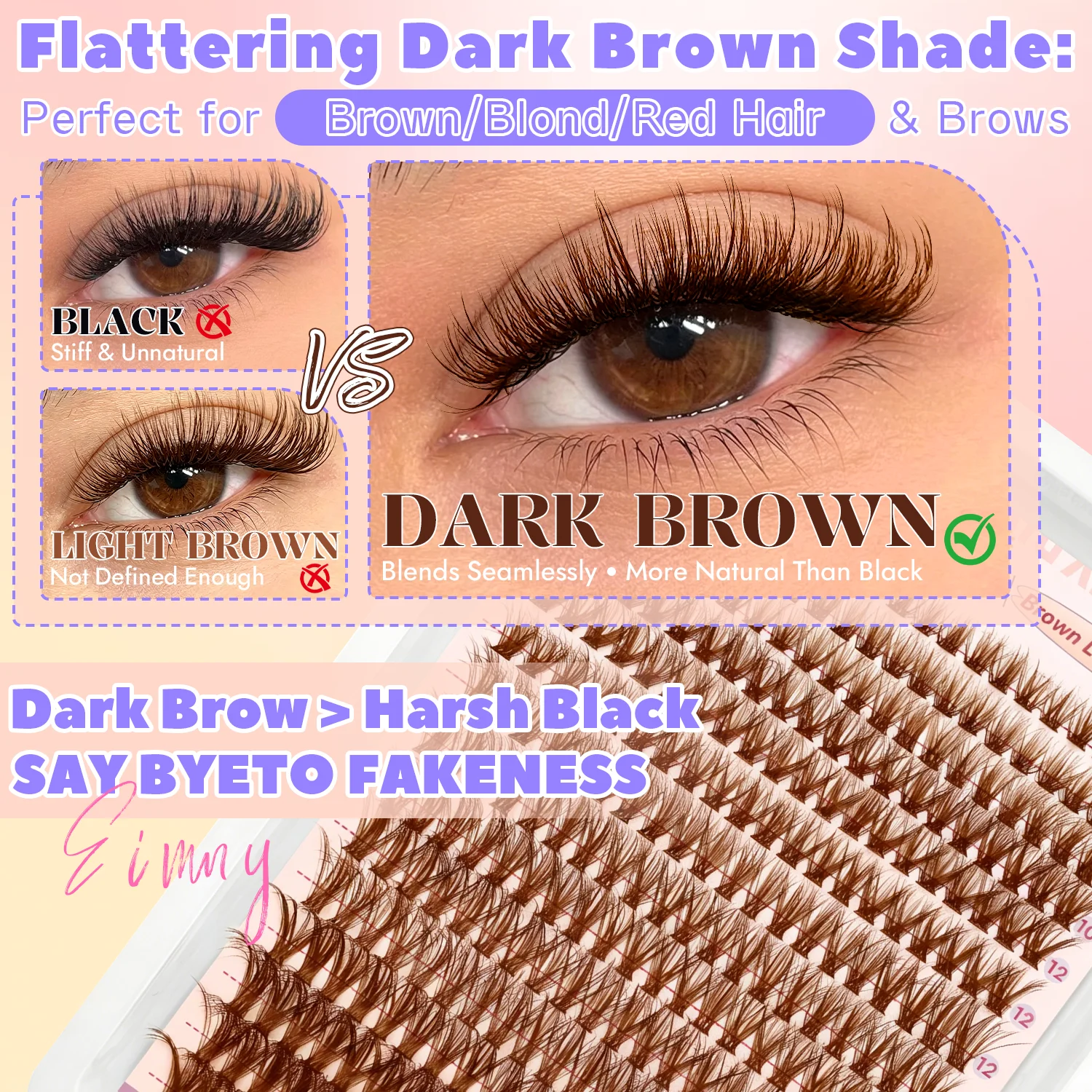 EIMNY 300-teiliges braunes Wimpern-Cluster-Set, warme braune Wimpern passen perfekt zu hellbraunen Haartönen, lang und für Anfänger geeignet – Detail 3