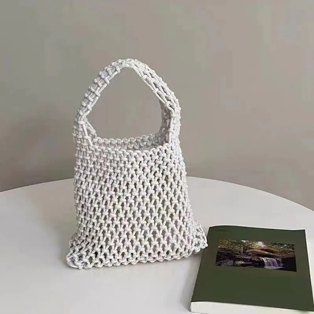 

Exquisite Workmanship Handbag Hand-woven Cotton Rope Braided Wrist Tote Bag for Travel Beach Summer Knitting Crochet for Ladies