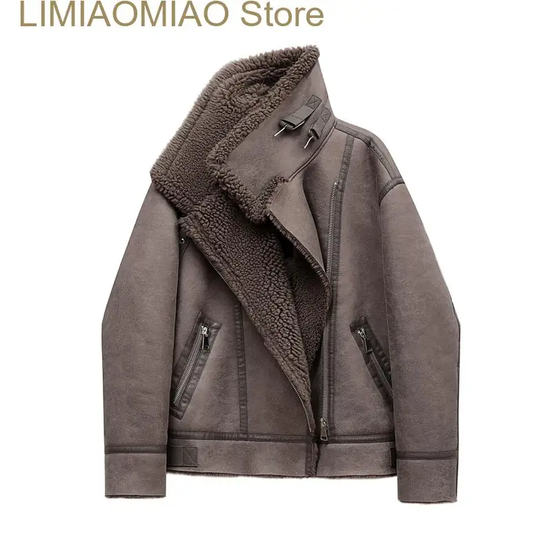 

New Zipper for locomotive Autumn winter new women's thickened warm double-sided short jacket Women's brown coat