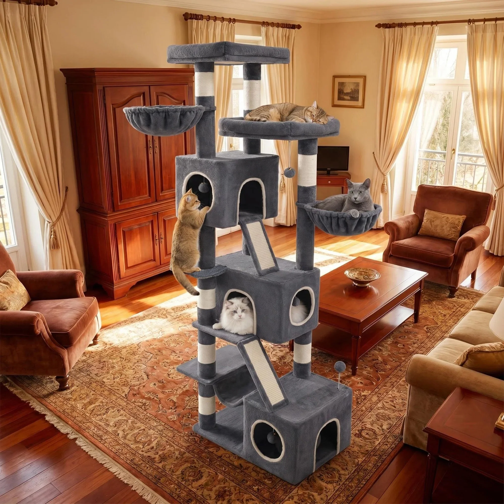 Grand arbre à chat, 209 cm de haut, XXL, avec 7 poteaux à gratter, 3 grottes, 2 plateformes, 2 planches à gratter, panier pour chat, hamac, balle en peluche, arbre à chat à plusieurs niveaux, gris foncé