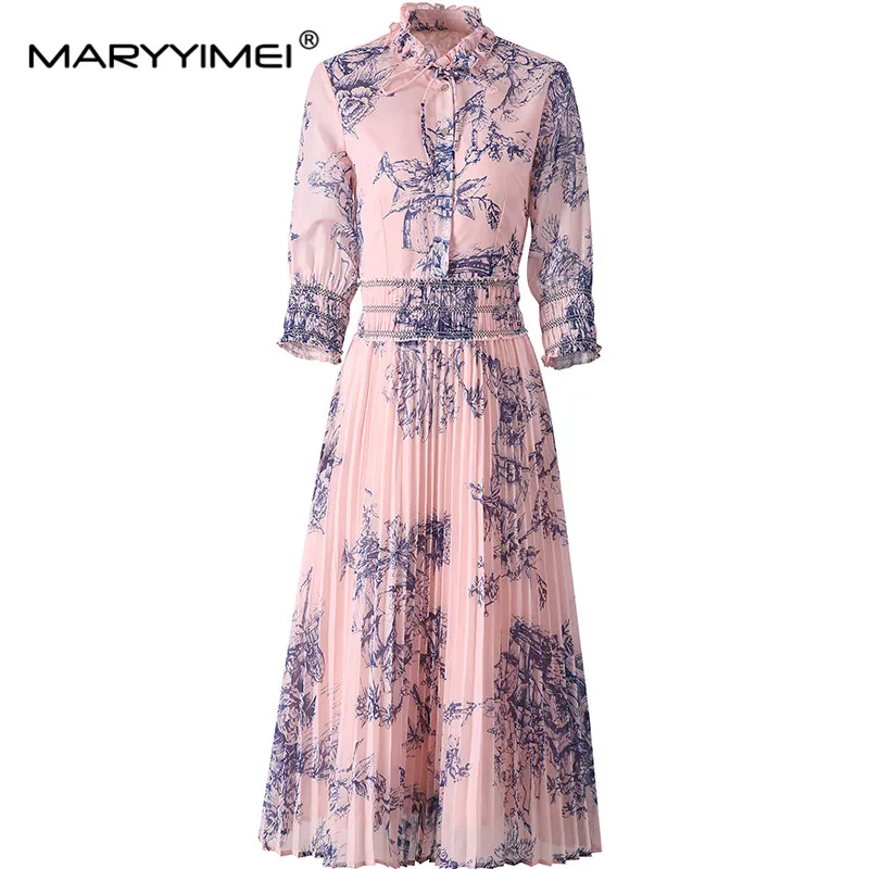 

MARYYIMEI Autumn Winter Vintage Women's Dress Stand Collar Half Sleeved Single-Breasted Elastic Waist Design Pleated Dresses