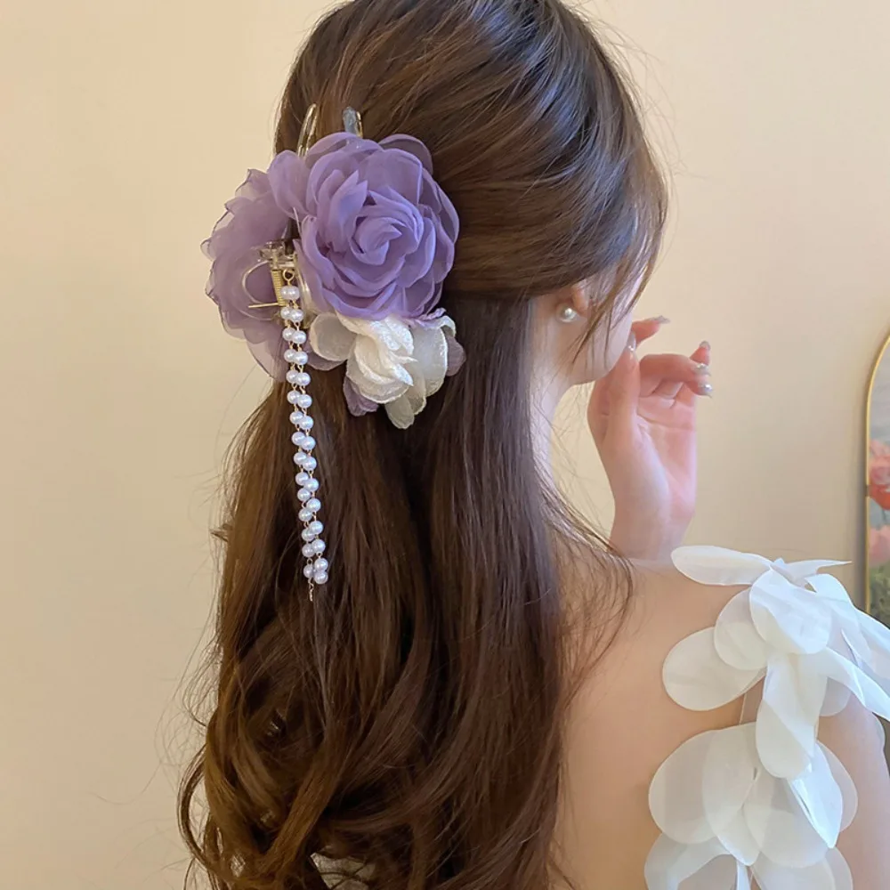 

Sweet Lace Flower Tassel Clip Elegant Woman Back of The Head Disheveled Temperament High-end Niche Hair Clip