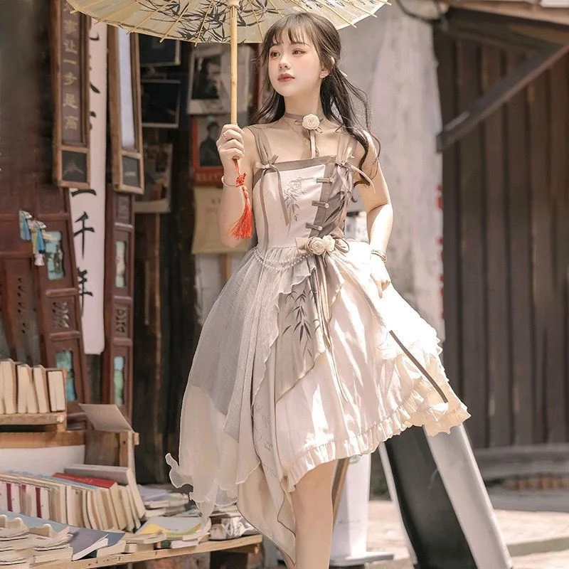 Jsk Sling Jurk Oude Dagelijkse Chinese Elementen Lolita Rok Onregelmatige Kawaii Jurk Donkere Elf Kleding Lolita Vestido Manga Larga