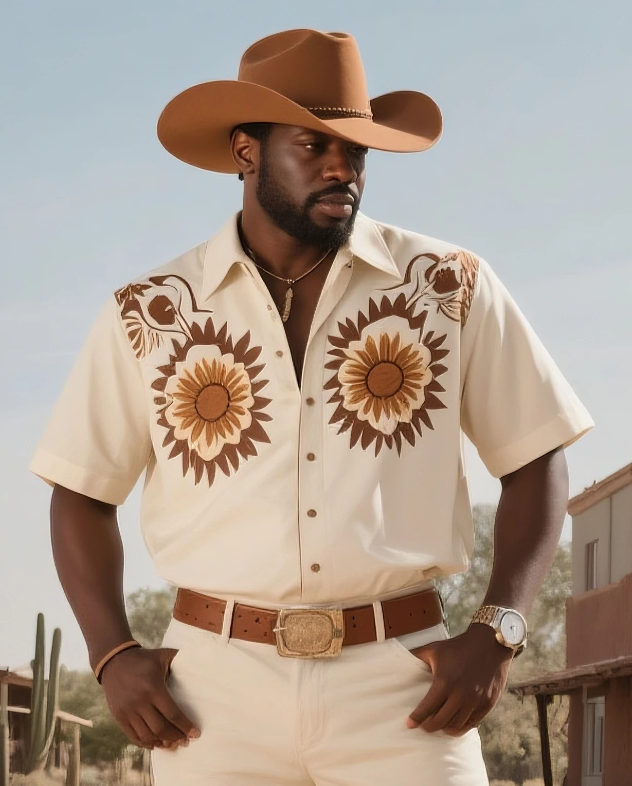 

S-9XL Plus Size Men's Sunflower Embroidery Short Sleeve Shirt, Casual Button Up for Cowboy, Party & Daily Wear