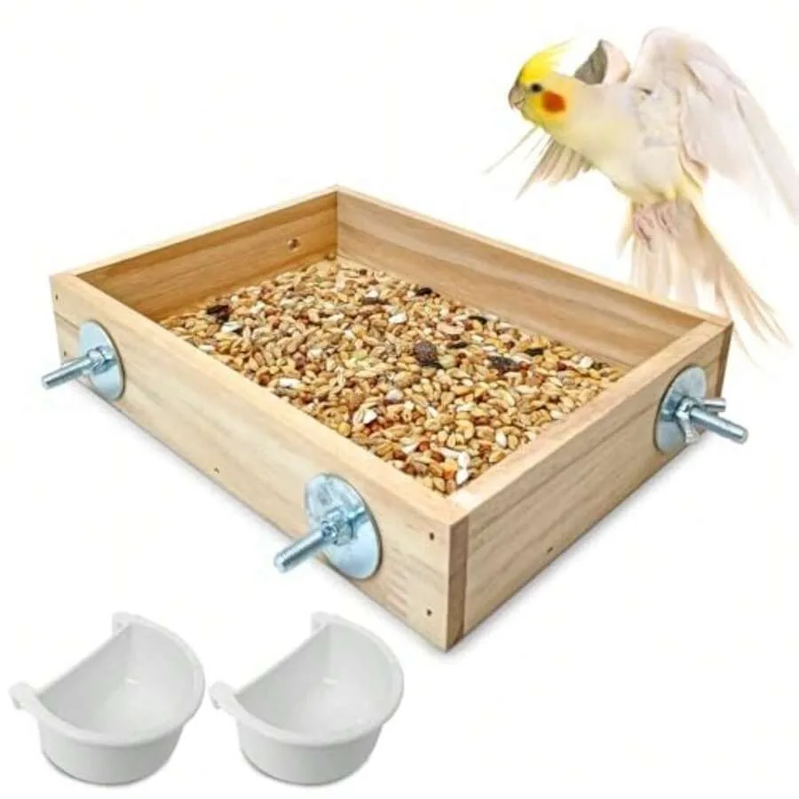 

【New Arrival】Parrot Foraging Tray with Feeding Cups, Wooden Cage Mount Food Bowl for Budgies, Cockatiels & Lovebirds