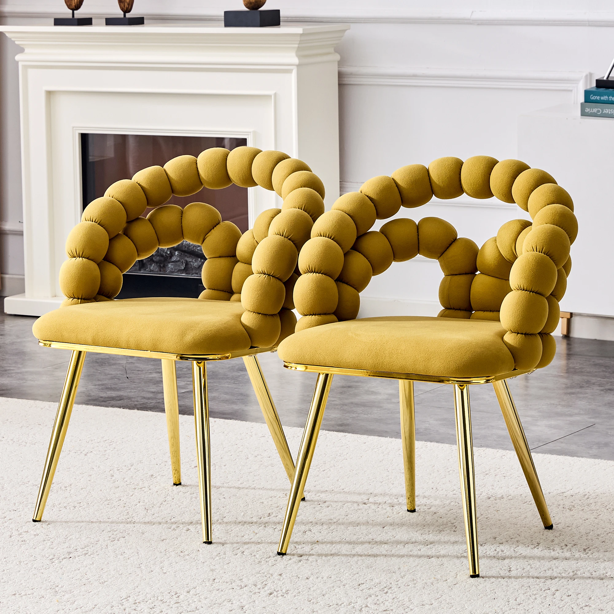 Yellow Puffy Bubble Chair Ball Chain Chair Velvet Dining Chairs Gold Legs, Modern Upholstered Accent Chairs Dining Room Kitchen
