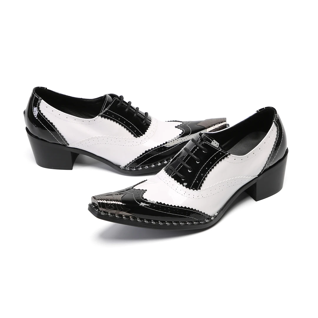 

British Style Black White Patent Leather Men Brogue Shoes Pointed Toe Wedding Party Oxford Shoe Male Lace Up Business Derby Shoe