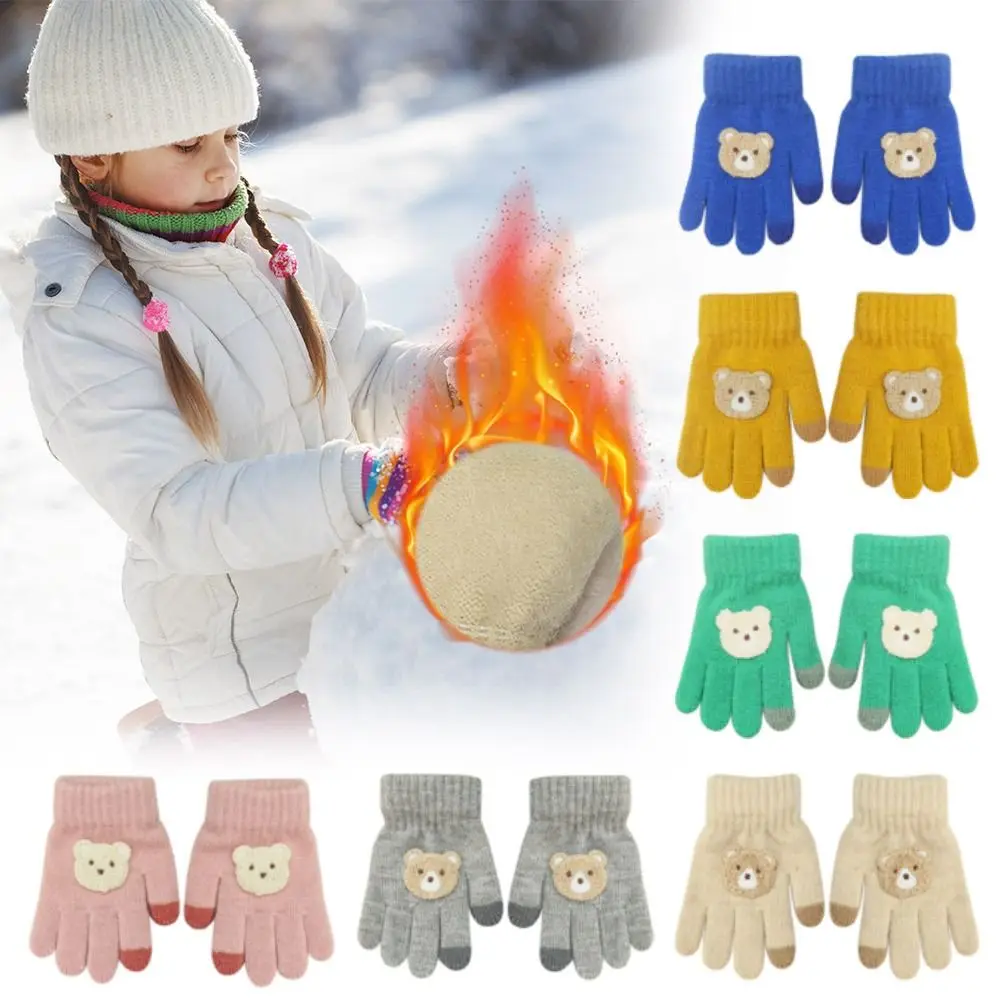 

Cartoon Bear Children Baby Kids Gloves Thickened Cold Proof Knitted Gloves Full Finger Windproof Hand Warmer Autumn Winter
