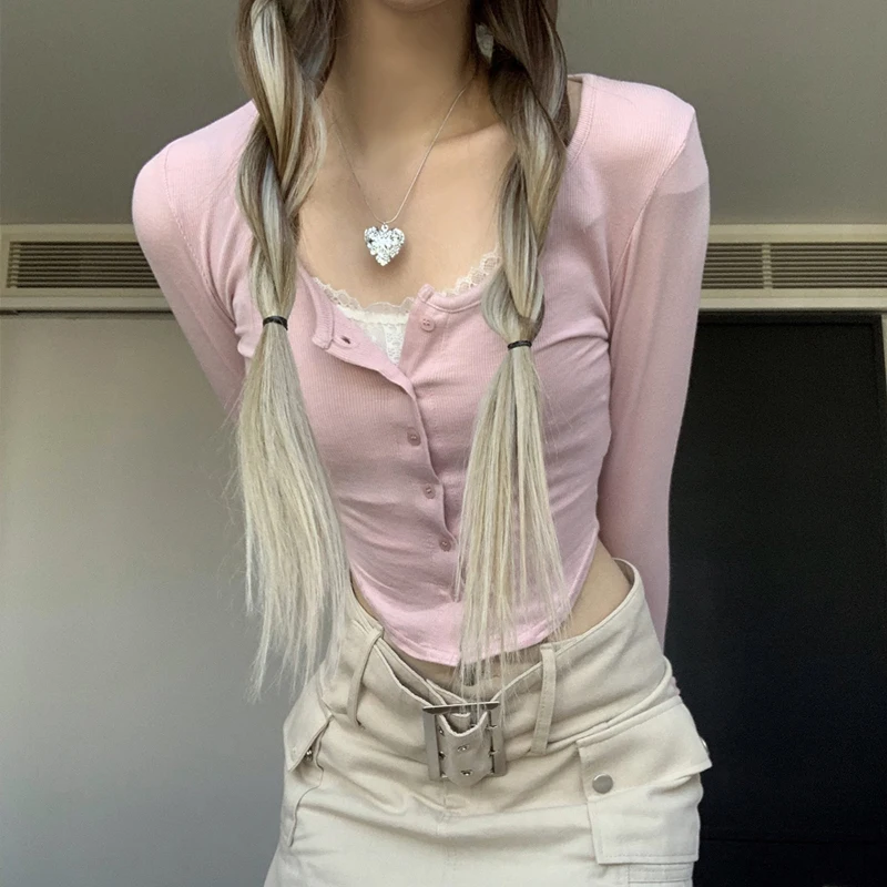 Y2K Sweet Pink Lace Trim Long Sleeve Corset Crop Tops Korean Style Cute Aesthetic Slim T-Shirt Women Basic Tees Autumn Pullovers