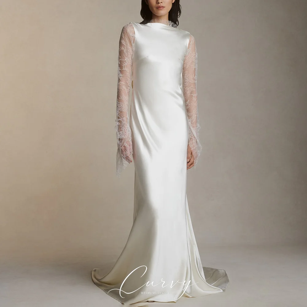 Curvy Modern Elegant Bridal Gown High Neck Floral Lace Bell Sleeves Deep Draped Back Satin Mermaid‑Style Wedding Dress 2026