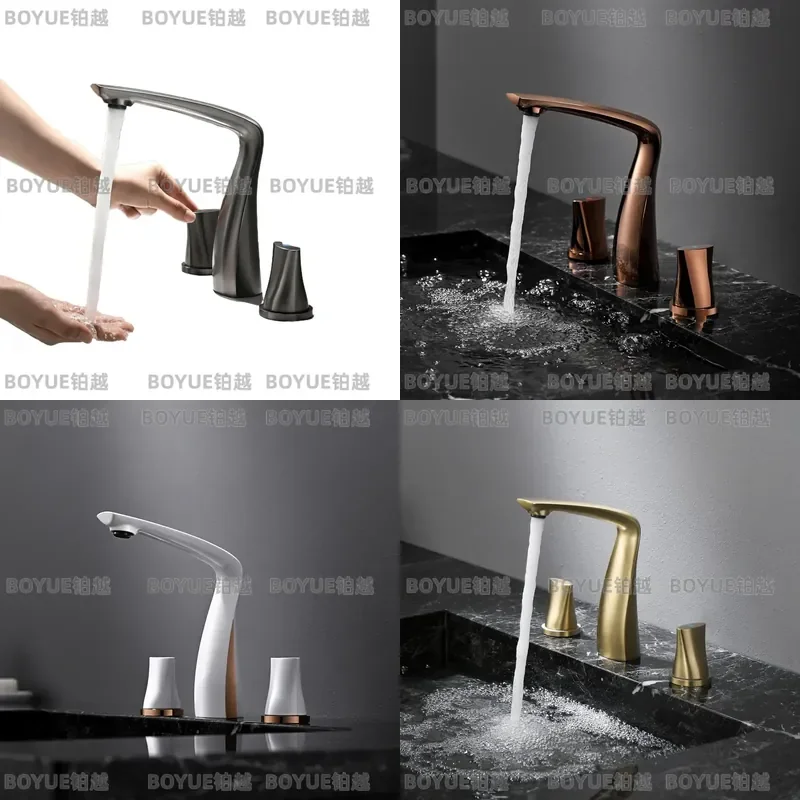 Gray Rose Gold Swan Neck Basin Faucet Full Copper Three Hole Split Hot Cold Mixer Tap for Bathroom Cabinet Wash Sink White