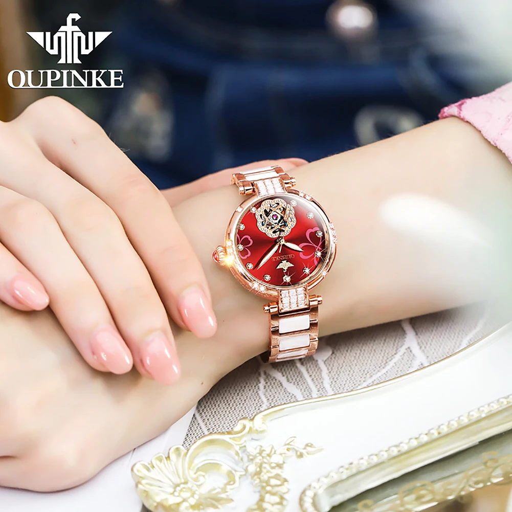 OUPINKE 3183 Automatic Watches for Women Tungsten Steel Ceramic Band Wristwatches Sapphire Crystal Skeleton Waterproof Watch