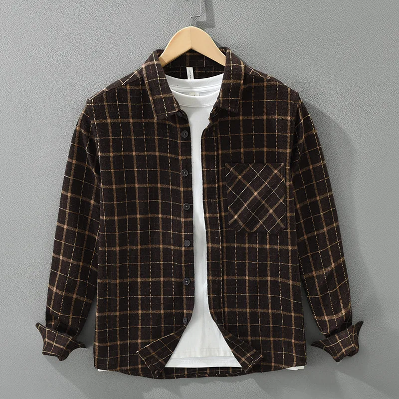 

Японская винтажная мужская клетчатая рубашка с длинным рукавом, повседневные рубашки на пуговицах, мужская весенне-осенняя рубашка с лацканами и кишенями, матовая рубашка, повседневная одежда