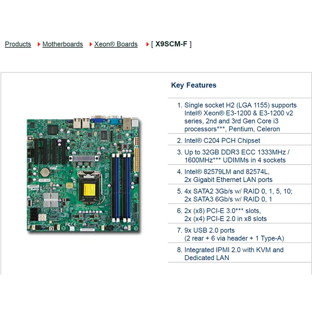 X9SCM-F One-Way Server UATX Motherboard 1155 Intel C204 Xeon E3-1200 v2 series 2/3rd Gen Core i3 DDR3 PCI-E3.0