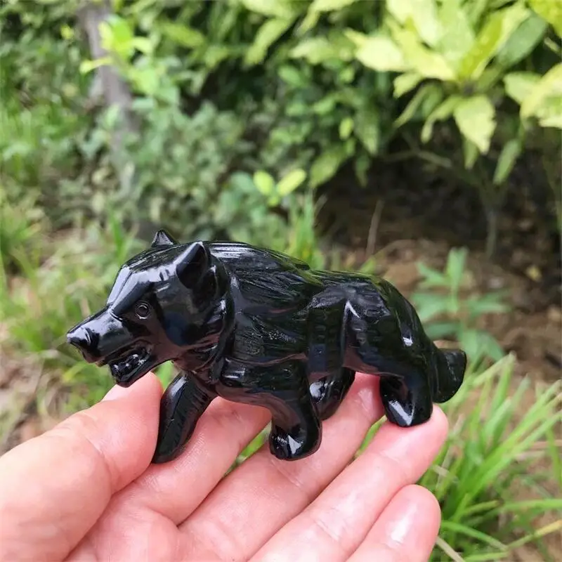 10CM Natural Black Obsidian Wolf Crystal Animal Carving Crafts Powerful Animal Decorative Ornaments Birthday Present 1pcs