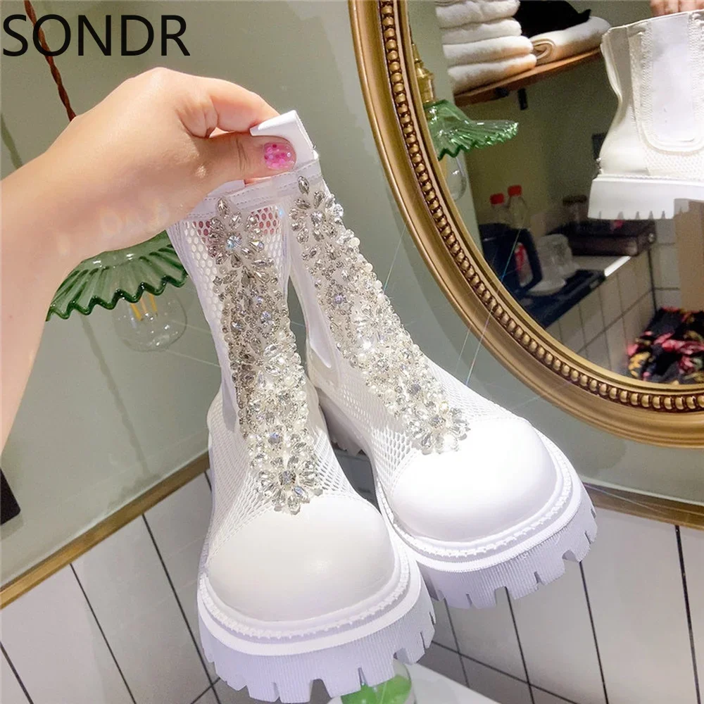 Womens Round Toe Mesh Rhinestones Crystal Ankle Boots Sandals Breathable Shoes White Girls X-mas Gift DIY Luxury