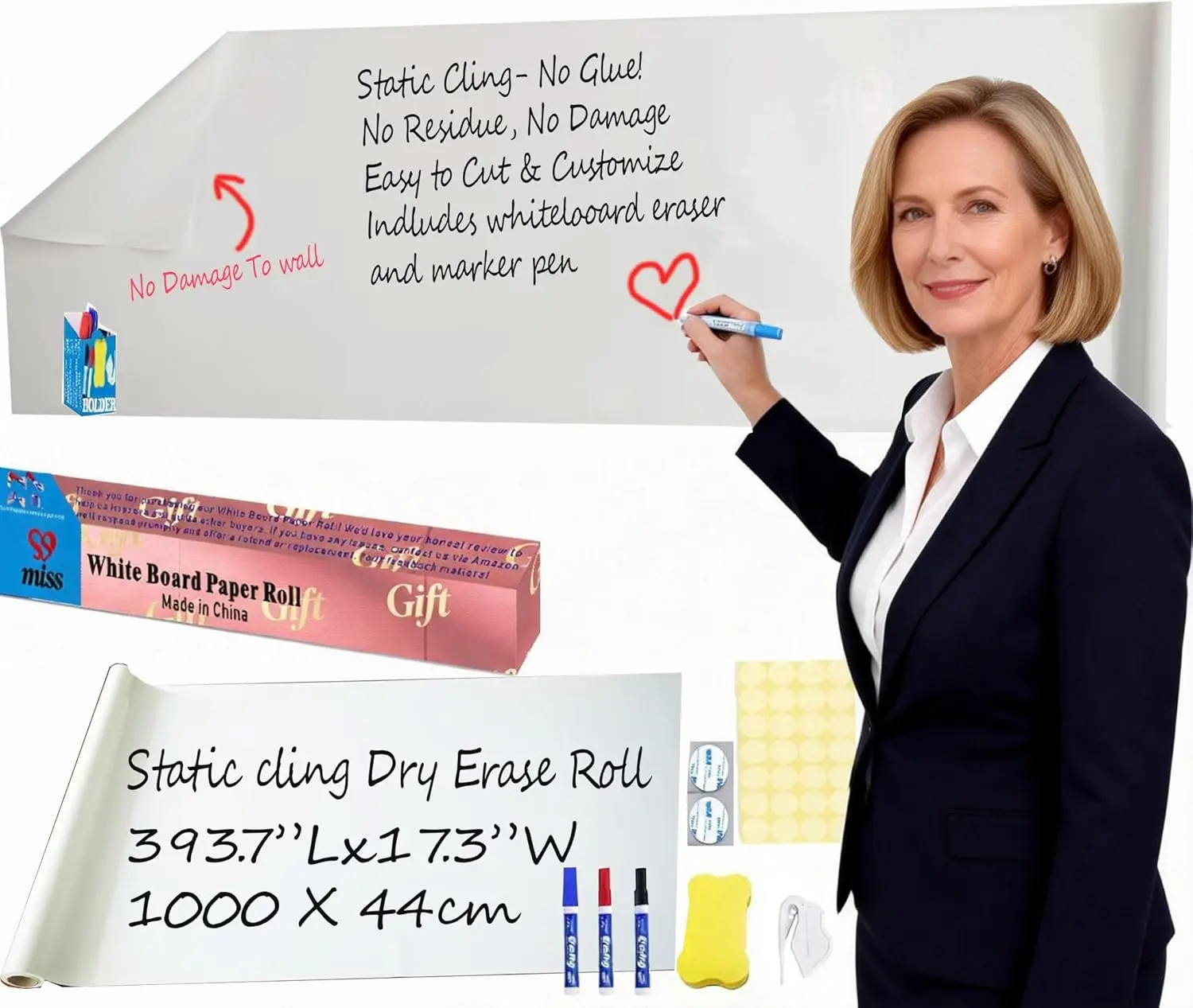 

White Board Paper Roll 17.3"x393.7" - No Glue Static Cling, Portable Dry Erase Surface for Wall, Glass, School & Office |