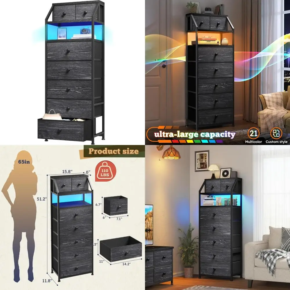 

Комод со светодиодной подсветкой для спальни, 51,2 дюйма, тумбочка с 7 ящиками, деревянные комоды и комоды с открытыми стеллажами